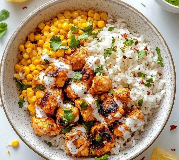 Delicious Street Corn Chicken Rice Bowl topped with fresh corn and grilled chicken