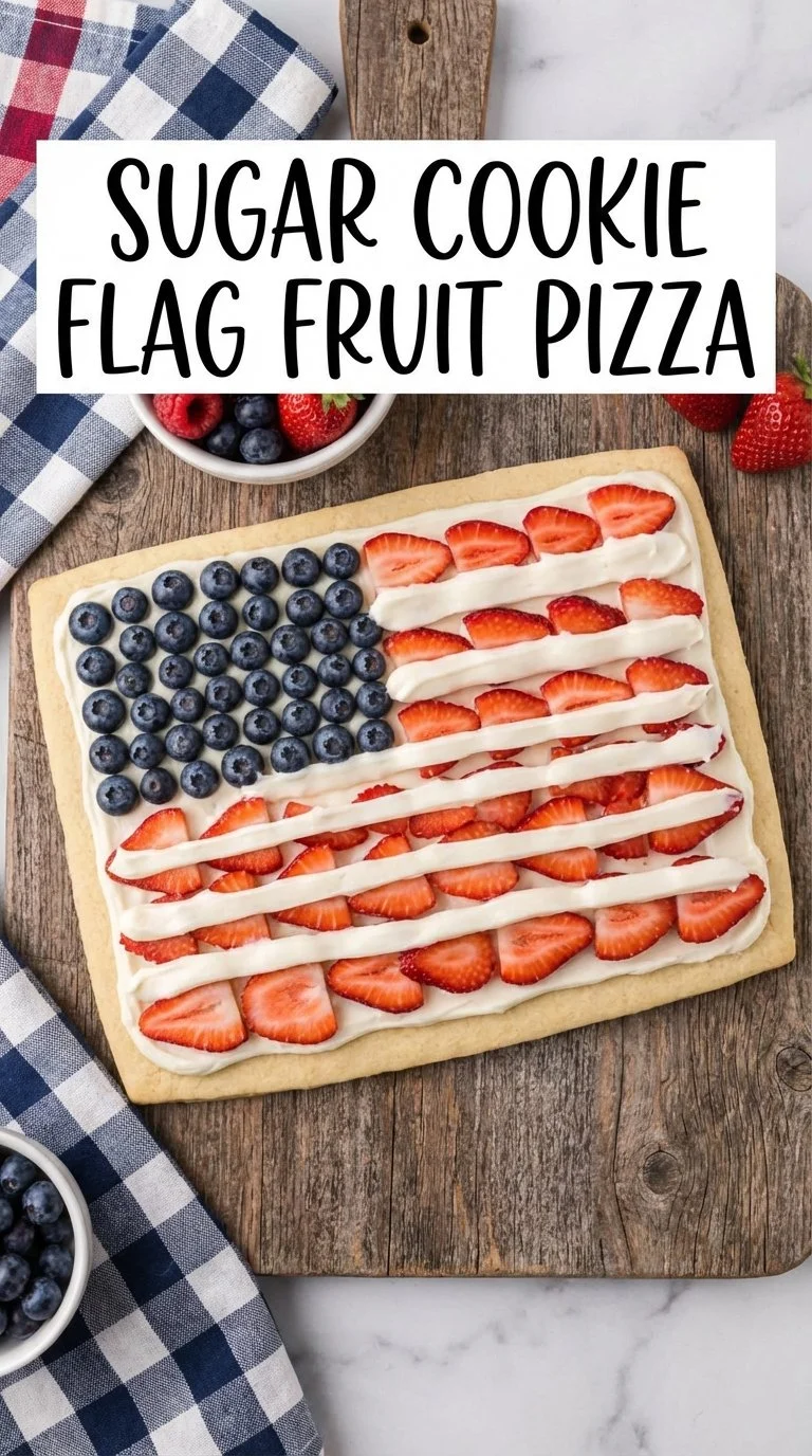 Sugar Cookie Flag Fruit Pizza topped with fresh fruits and whipped cream