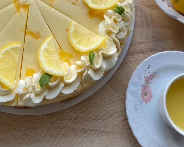 Slice of creamy lemon cheesecake garnished with lemon zest and mint leaves