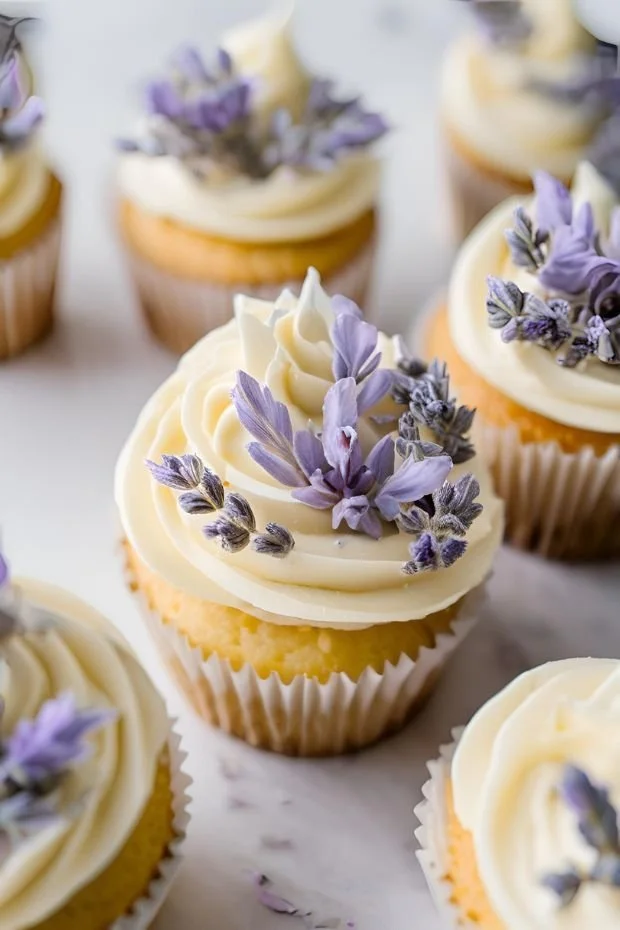 Delicious Vanilla Lavender Cupcakes topped with lavender frosting on a rustic plate