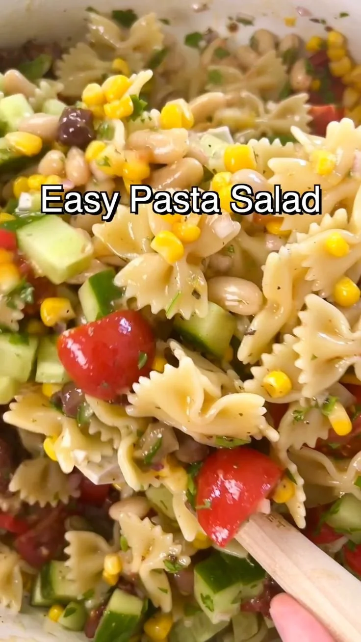 Vegan Pasta Salad 4 Vegan Pasta Salad with fresh vegetables and herbs in a bowl