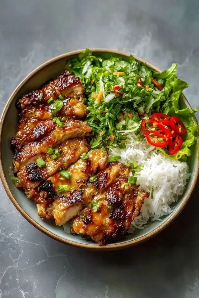 Delicious Vietnamese Lemongrass Chicken served with fresh herbs and rice.