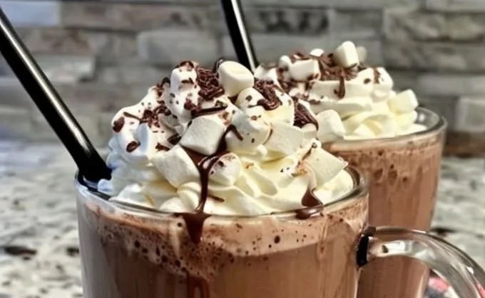 A cup of whipped hot chocolate topped with whipped cream and chocolate shavings